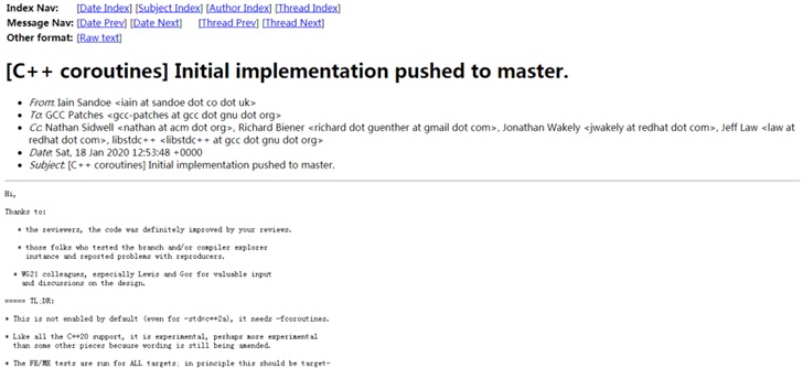 C  20协程实验性支持已合并到GCC 10
